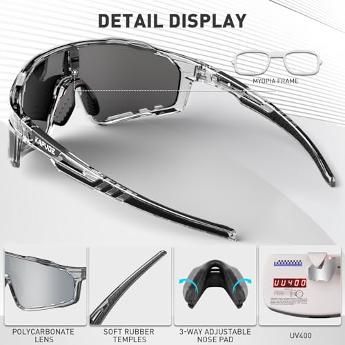 Image of KAPVOE Polarized Cycling Glasses for Men Women Mountain Bike Sunglasses MTB Glasses TR90 Sport Sunglasses UV400 Protection Biking Bicycle Riding Running Triathlon Baseball Golf Cycle Goggles Silver
