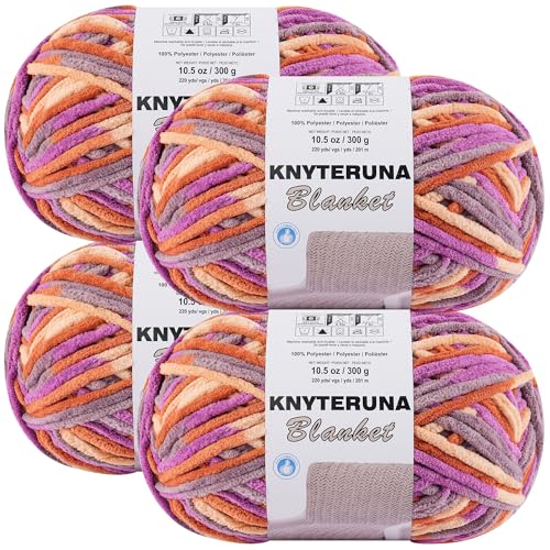 Image of #6 Super Bulky Blanket Yarn for Crocheting - 4 Skeins(Each 10.5oz /300g, 220yds /201m), Chunky Chenille Thick Plush Big Soft Yarn for Crocheting Knitting Blankets, Purple & Orange