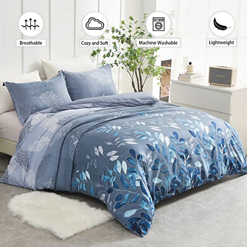 DJY Floral Duvet Cover Double Blue Leaves Bedding Set, Reversible Lightweight Bedding Sets 3pcs with Zipper Closure (Double, 200x200cm) - Image 2