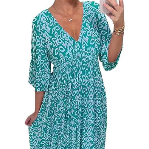 Janisie - Vestido Largo Bohemio Informal con Cuello En V Y Cintura Fruncida,Vestido Midi Floral Primavera Verano 2024 para Mujer,Vestidos Largos Bohemios Fluidos para Vacaciones (Azul,S)