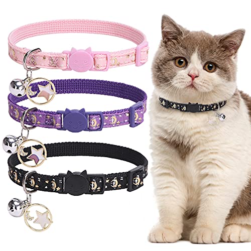 TAILGOO Breakaway Cat Collars with Bell - Star & Moon Pet Collar 3 Pack for Kittens Puppies and Tiny Pets