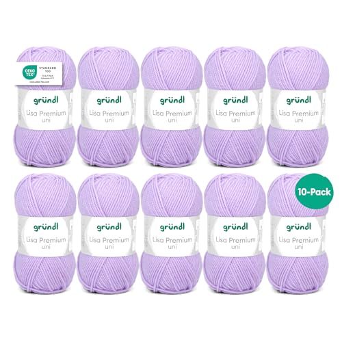 Gründl Wolle Lisa Premium uni - Garn zum Stricken - Strickgarn - Häkelgarn - Weich und hautfreundlich - 100% Polyacryl 10 Knäuel 50 g / 133 m - Nadelstärke 3,5-4,5 - Flieder