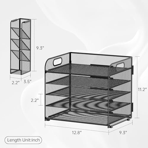 SUPTIDY Schreibtisch-Organizer mit 5 Etagen, mit Griff und abnehmbaren Stifthaltern, Netz-Papier-/Akten-Organizer für den Schreibtisch, Papier-Briefablage für Bürobedarf (Schwarz)
