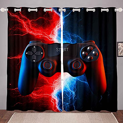 Loussiesd 3D Black Gamepad Window Drapes Video Game Gamepad Curtains for Boys Children Modern Gamer Window Treatments Novelty Game Controller Red Blue Neon Window Curtain W66*L90