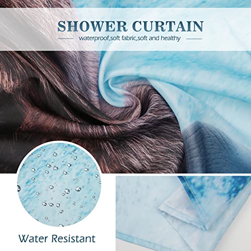 Image of Funny Shark Bear Shower Curtain - Fun Bear Riding Shark in Ocean Wave Cool Shower Curtains Set with 12 Hooks for Adults Wild Bathroom Decor Accessories, 72 inchx72 inch, Blue Brown