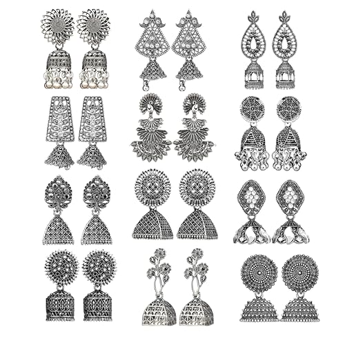 Image of Fashion Frill Earring For Women Floral Silver Oxidised Small Earring For Women And Girls Pair Of 12