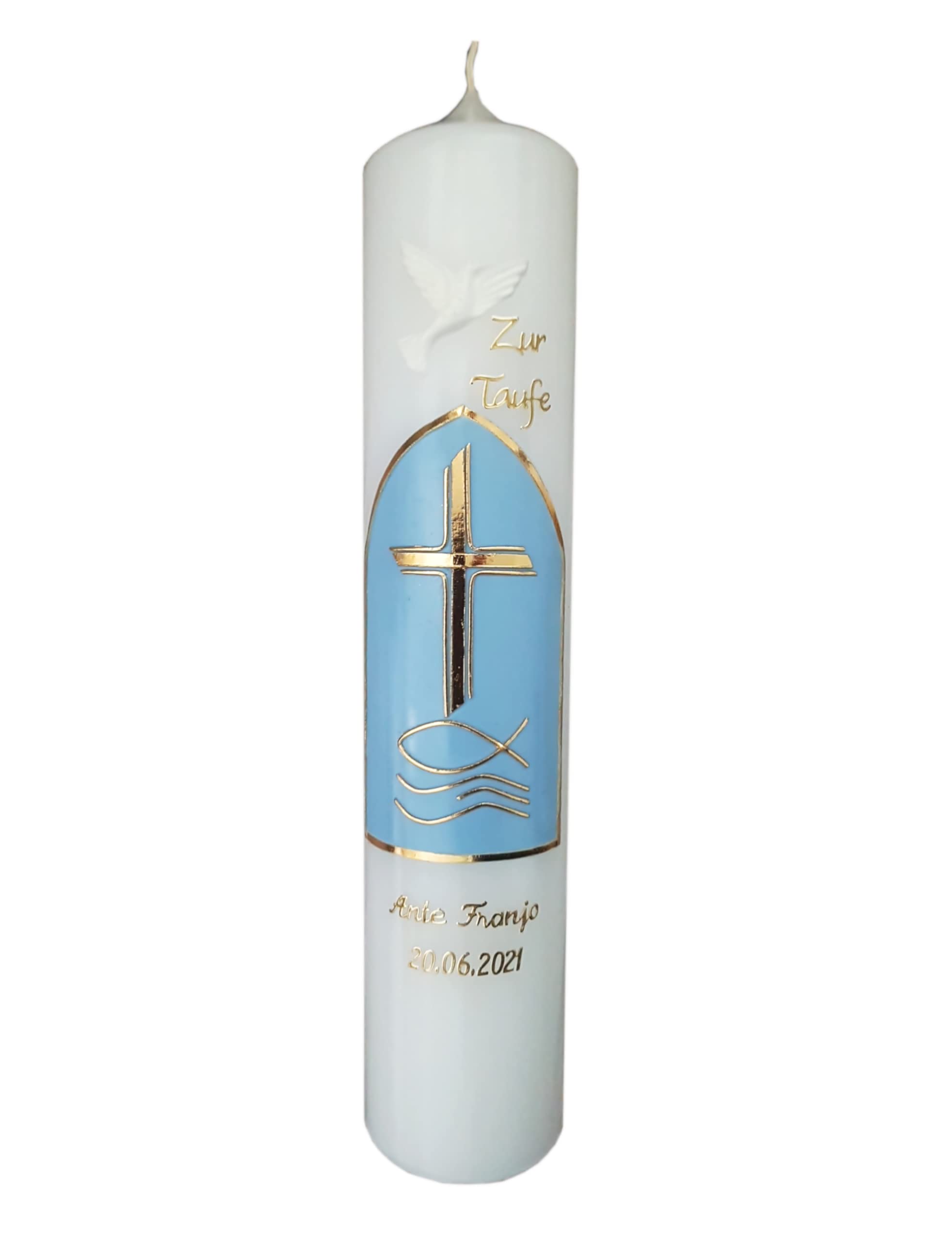Taufkerze Jungen, Taufkerze Mädchen - Taufkerze Fisch Kreuz Blau Gold, Wachsmotiv, mit Namen und Datum