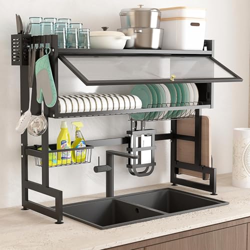 TOTEBOX Over the Sink Dishes Drainer Dish Drying Rack with Flip Cover, 3-Tiers Kitchen Dishes Storage Shelf Utensil Holder, Storage Basket, Cutting Board Holder, 6 Hook (105 * 30 * 80 cm)