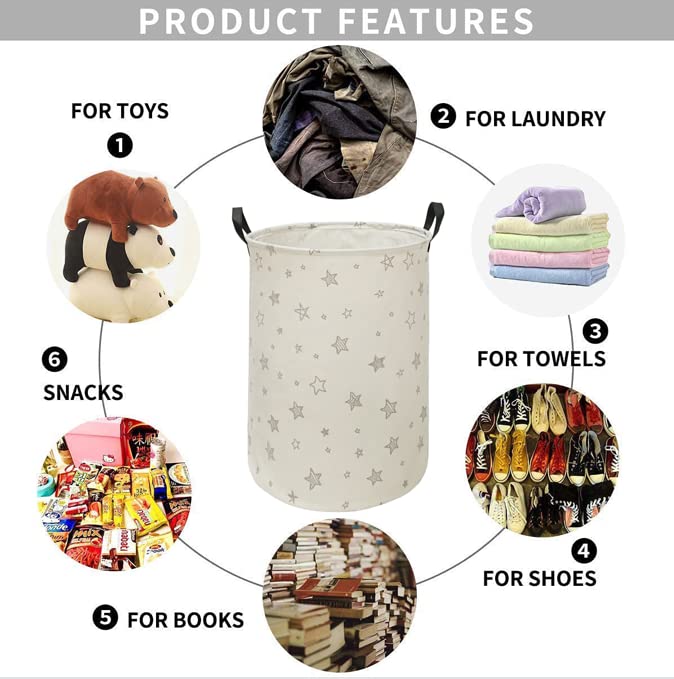 Image of Round Star Pattern Laundry Hamper Storage Basket Fabric Material Storage Hamper Organization Basket, Storage Bin, Gift Box with Handles for Room
