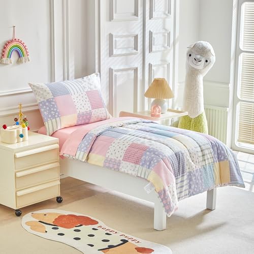 Image of Joyreap 4 Piece Cotton Toddler Bedding Set- Colorful Flowers Patchwork Design, Toddler Comforter Set for Girls, Includes Quilted Comforter, Fitted Sheet, Top Sheet, and Pillow Case