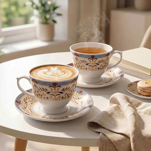 Image of U.P.C.Cup & Saucer Set of 12 Pcs | Royal Mughal Gold & Blue Floral Jaal Printed Bone China Tea Coffee Set | Gift for Home & Kitchen
