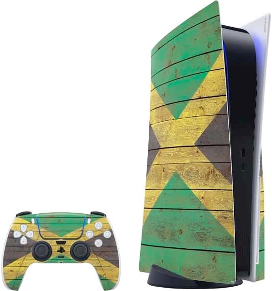 Skinit Decal Gaming Skin Compatible with PS5 Bundle - Jamaican Flag Dark Wood Design