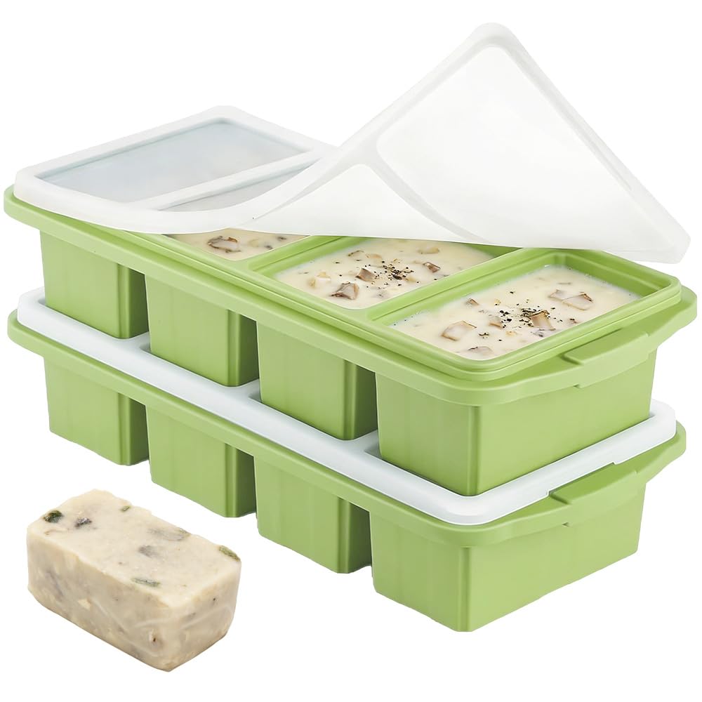 SGZIOO 2 Pack Soup Cube Silicone Freezer Tray, 1000ML Soup Freezer Containers, 4-Compartment, Silicone Freezer Moulds with Lid, for Broth, Sauce, Meal Prep, Green