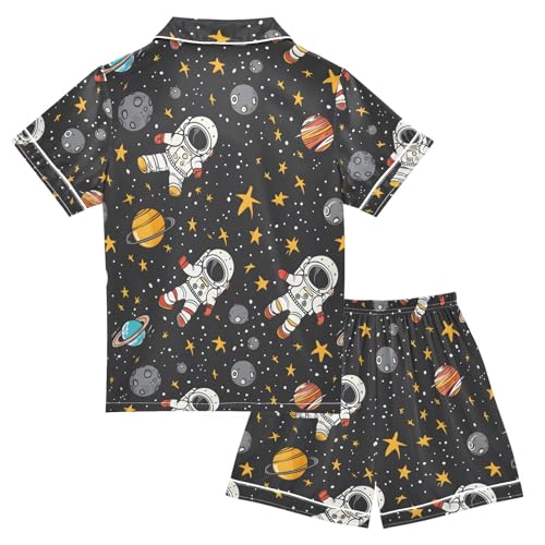 ALAZA Cartoon Astronaut Starry Planet Pajamas Satin Pajama Set Short Sleeve Button Down Sleepwear2