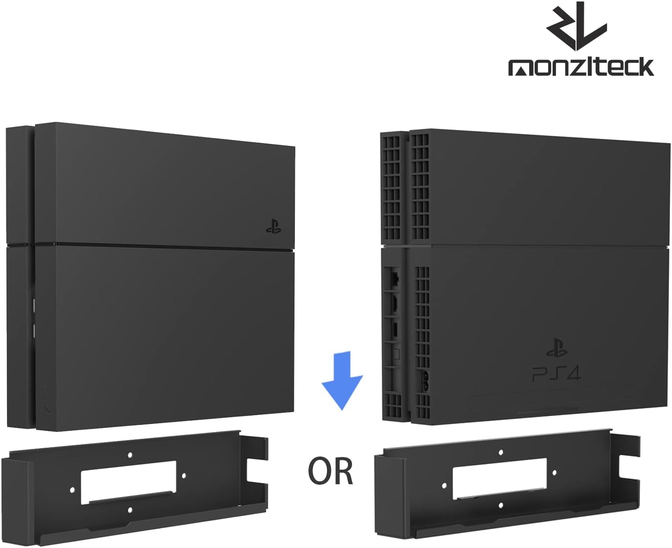 Monzlteck Wall Mount for PS4 Original(Old Model),Near or Behind TV, Space Saving,Customized to Perfectly Fit Old PlayStation4 (Black)