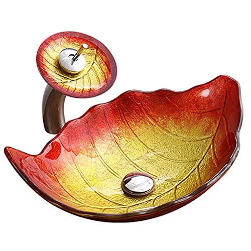 Lavandino in Vetro temperato, lavabo da Bagno a Forma di Foglia, lavabo da appoggio, con Rubinetto a Cascata e Scarico a Scomparsa, per ristrutturazione del Bagno, Arancione