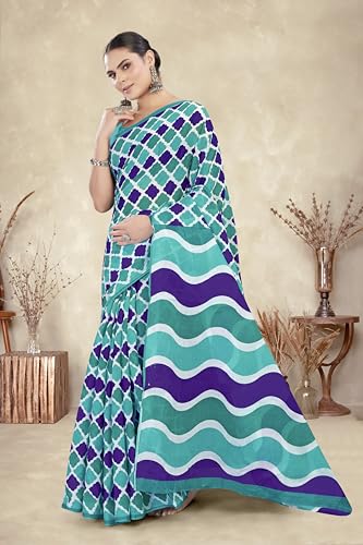 Tamaira Fashion Women's Printed Pure Cotton Mulmul Saree Without Blouse Piece(2487_Seagreen&Purple)