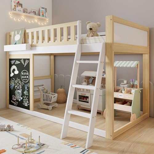 Generisch Cama alta para niños con pizarra creativa y caja de almacenamiento, barandilla de seguridad, espacio de almacenamiento individual, 90 x 200 cm, color blanco y natural (pino y tablero de
