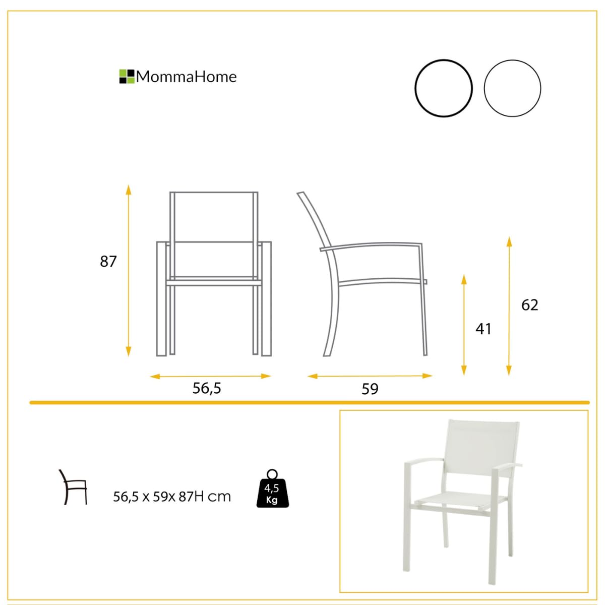 MOMMA HOME Pack 4 Sillas Terraza Exterior - Jardin Asiento y Respaldo Acolchadas con Reposabrazos, Material Textiline y Aluminio, Color Gris, Medidas 87,5 x 56,5 x 57,5 cm