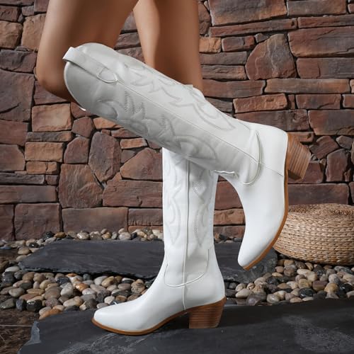RKQ Women's White Embroidered Knee High Cowboy Boots Western Pointed Toe Chunky Block Heel Pull On Tall Cowgirl Boot Classic Sexy Party Wedding4