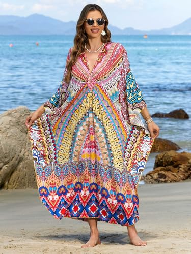 Image of IMAGEKOPE Women's Plus Size Animal Print V-Neck Batwing Kaftan Beach Dress Bathing Suit Cover-Up Loungewear