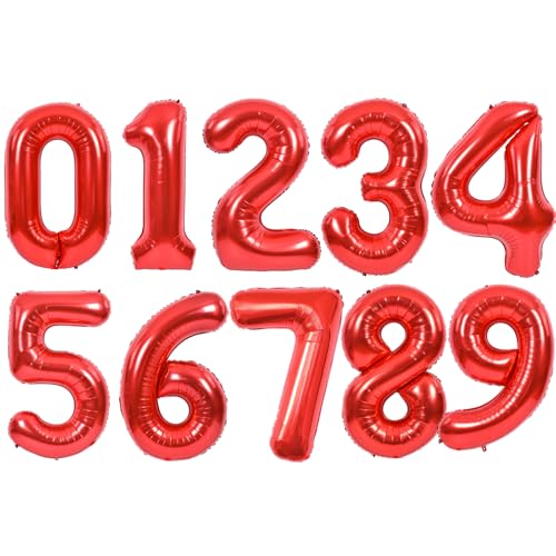 Image of TONIFUL Number Balloon 16 Inch 10 Pcs Red 0-9 Birthday Number Balloons | Small Custom Digital Mylar Foil Ballons for Birthday Halloween Graduation Anniversary 2027 New Year Eve Party Decorations