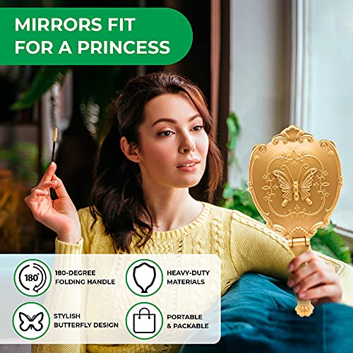 Probeautify Decorative Hand Held Mirror | Beautifully Butterfly Design Hand Mirrors With Handle | Lightweight Mirror | 180 Degrees Full Folding Portable Mirror | Travel Makeup Mirror (Gold) #TOP4