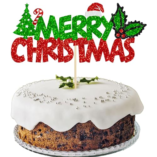 Gyufise 1 Pack Merry Christmas Cake Topper Red Green Glitter Xmas Holiday Cake Decorations for Winter Christmas Santa Happy New Year Party Supply Decoration