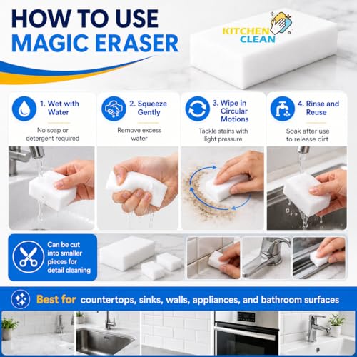 Image of Kitchen Clean Magic Eraser Sponge, Pack of 2 | Wall & Kitchen Stain Remover, Bathroom Tile Cleaner, Pencil Marks & Lime Scale Cleaner