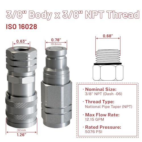Image of 3 /8 inch Flat Face Hydraulic Quick Connect Coupler Set,3 /8 inch NPT Thread,5076 PSI,ISO 16028 Standard,with Dust Caps