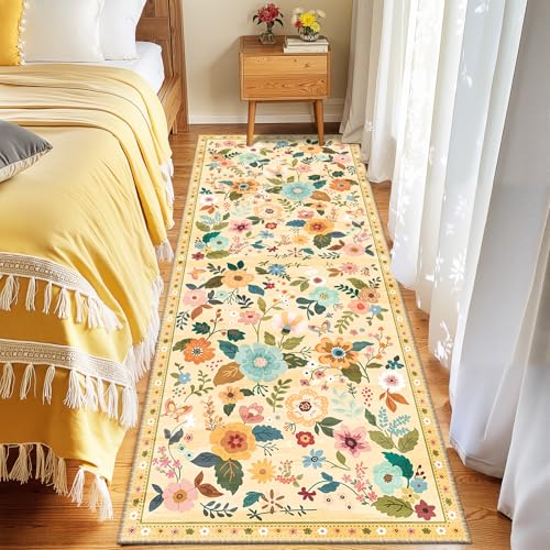 Floral 2x6 Area Rug Machine Washable Soft Print Boho Carpet Non Slip Doormat Low Pile Flower Area Rugs for Living Room Bedroom Nursery Kitchen Dining Room Indoor-Ivory/Yellow