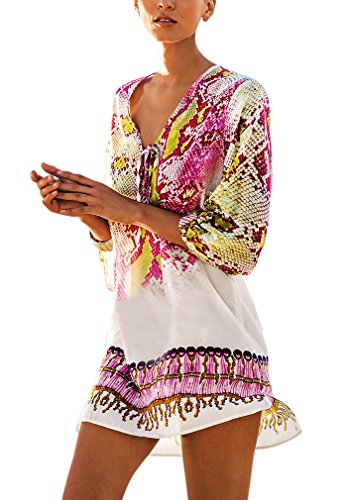 Hikong Copricostume Mare Donna Chiffon Stampato Floreale Camicetta Kimono Costume da Bagno Top Bohemian Vestito per Bikini Spiaggia Beachwear