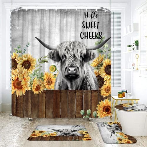 4 Pcs Highland Cow Shower Curtain Sets with Rugs,Cute Bull Cattle Rustic Sunflower Western Farmhouse Animal Hello Sweet Cheeks Bathroom Set with Hooks(Bath Mat,U Shape and Toilet Lid Cover Mat)