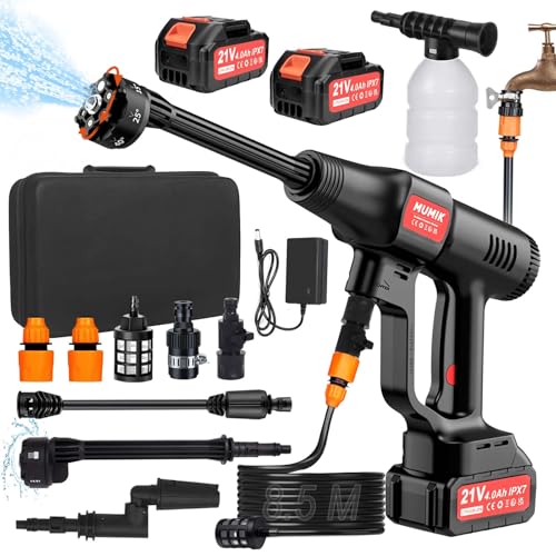 MUMIK Hidrolimpiadora Bateria, 60 Bar Hidrolimpiadora de Alta Presion con 2 * 4.0Ah Baterías (IPX7), Boquilla 6 en 1,Giratoria Boquilla, Manguera de 8.5M Pistola Presion Agua Portatil Profesional