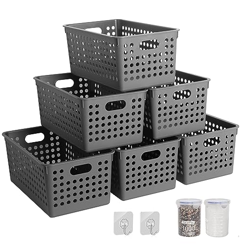 Image of Pafino 6PACK Plastic Storage Baskets - Small Pantry Organizer Bins Stackable Basket Household Organizers for Kitchen, Shelves, Countertops, Desktops, Cabinets, Bedrooms and Bathrooms (Grey)