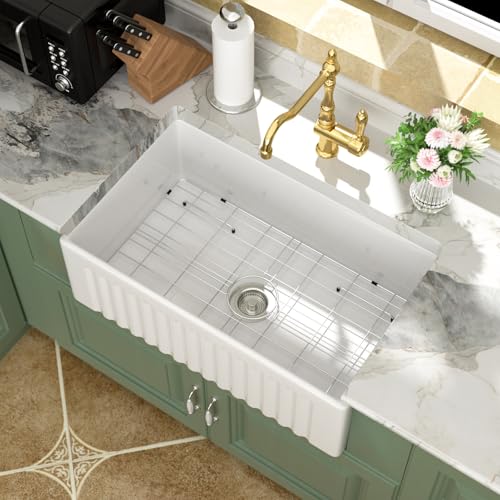Logmey 30 Inch White Farmhouse Sink 30x18 Fireclay Single Bowl Apron Front Kitchen Sinks Undermount Installation Ceramic Farm Sink with Drain for Countryside Classic Style