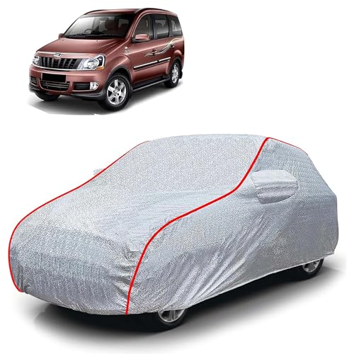 Image of Sulfar 100% Waterproof Car Body Cover Compatible with Mirror for Mahindra Xylo (Triple Stitched, Full Bottom Elastic, Magic Silver with Red Piping)