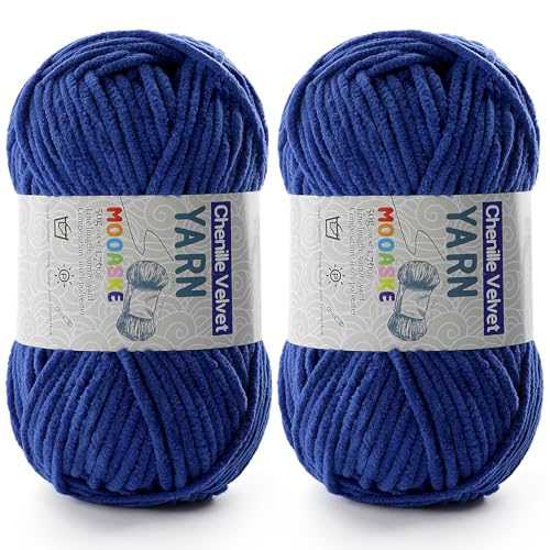 Image of 2 Pac Chenille Yarn for Crocheting - Blanket Yarn for Crocheting - Fluffy Yarn for Crochet, Baby Yarn for Crocheting Soft Blankets Weight Per Roll 50g /1.76oz, Length 60m /65yard (Dark Blue)