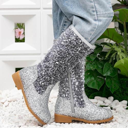 IWIHMIV Princess Dress Up Boots for Girls High Boots with side Zipper Glitter Round Toe Mid Calf Riding Long Booties4