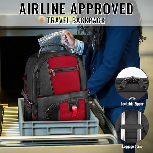 Image of YOREPEK Large Capacity Water Repellent Laptop Travel Backpack, with Pockets with USB Charging Port and Headphone Hole Fits 17.3 Inch Laptop, MacBook (Red)