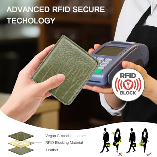 Image of Crocodile Wallets Women Small RFID Blocking Credit Card Holder | Luxury Alligator Faux Leather Thin Bifold Croc Womens Wallet Ladies Mini Purse with Coin Pocket, Olive