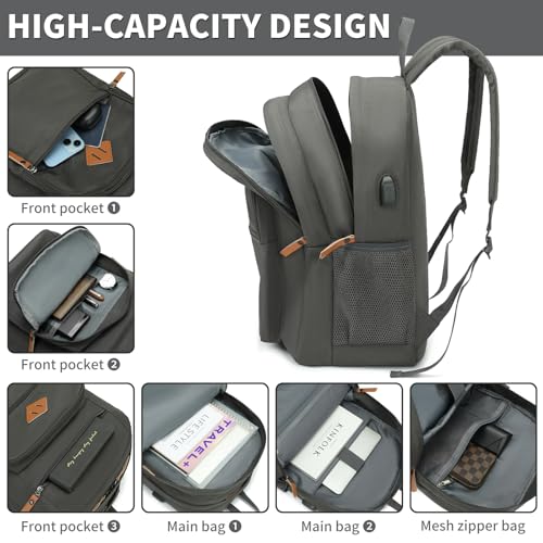 YGR Classic Carry-on Travel Backpack for Men and Women, Anti Theft Laptop Backpack with USB Charging Port for Work, Large Computer Backpack for College, Water Resistant, Outdoor Sports, Work, Grey3
