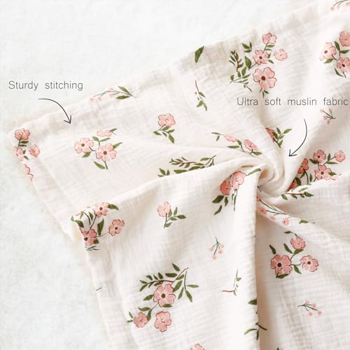 Image of BOPRIO Muslin Baby Blankets for Girls Super Soft Nursery Minky Blankets with Breathable Muslin Cotton Front and 3D Touch Dotted Fleece Backing, Pink Floral Printed Bed Throws Newborn 30 x 40 Inch