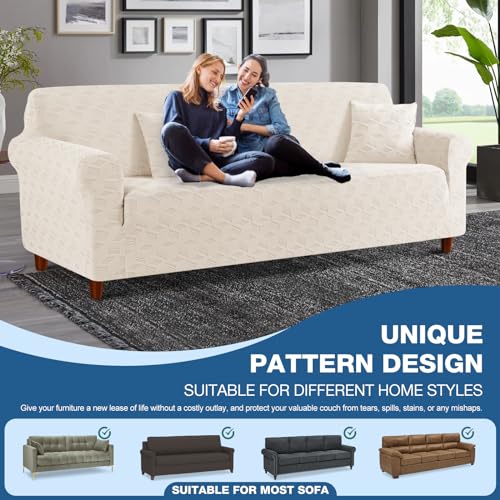Image of TAOCOCO 4 Seater Sofa Slipcover, 1Piece Soft Fitted Oversized Couch Cover Washable Large Sofa Cover with 2PCS Throw Pillow Covers, Jacquard Furniture Protector for Pets Dog(4 Seater,Beige)