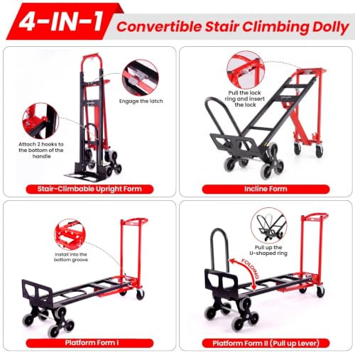 Image of 4-in-1 Hand Trucks Dolly 1000 LBS Stair Climbing Cart, Heavy Duty Industrial Convertible Utility Cart Converts from Hand Trucks Dolly to Platform Cart Folding Stair Climbing Cart (Red)