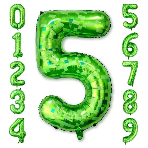 Green Pixel Number 5 Balloon 40 Inch, Retro Gamer Foil for 5th Birthday