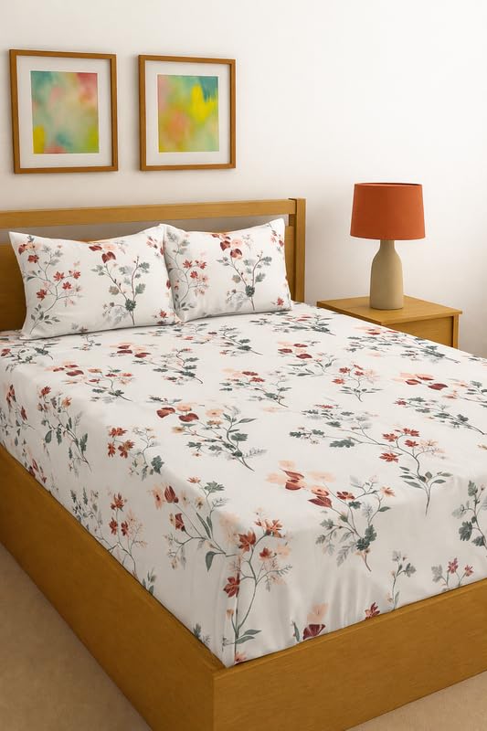 Image of White Soft Floral Fitted Bedsheet | Glace Cotton 140 TC | Single Size (36x75 inch) with 2 Pillow Covers (18x28 inch) | Deep Pocket up to 10 Inches - Soft & Comfortable