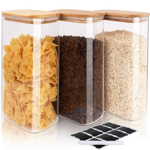 FoiiLiio 1,7 L Rectángulo Tarros de Cristal con Tapa Hermético Juego de 3 Botes de Cristal con Tapa de Bambu Botes Cristal Cocina Almacenaje para Cereales Judías Avena - Φ12x8x20cm