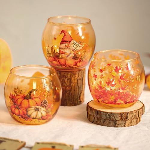 Hewory Herbstdeko Innen Teelichthalter Dekoration: Set of 3 Herbst Deko Tisch Wichtel Windlicht Glas Fall Deko Aesthetic Wohnzimmer Tischdeko Boho Decor Kürbis