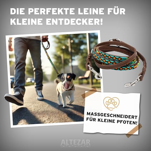 ALTEZAR Handgemachte Hundeleine Leder – Handgefertigt für kleine Hunde Robuste Fettlederleine mit bunten Stickereien Verstellbare Lederleine für Hund – dünne Leder-Leine Blau für kleine Hunde